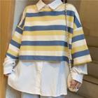 Long-sleeve Shirt / Elbow-sleeve Striped Polo Shirt