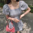 Short-sleeve Floral Gingham Check Mini A-line Dress