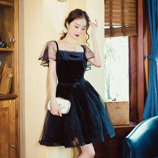 Cap-sleeve Shirred Mesh-panel A-line Dress