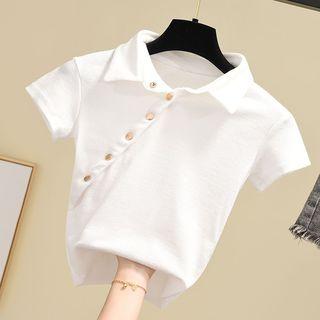 Short-sleeve Plain Asymmetric Polo Shirt