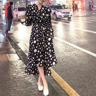 V-neck Polka Dotted Ruffle Chiffon Dress