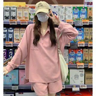Set: Half-zip Sweatshirt + Sweatshorts Set - Pink - One Size