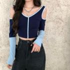 Color-block Long-sleeve Crop Top Navy Blue - One Size