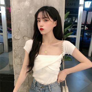 Short-sleeve Wrap-front Knit Top