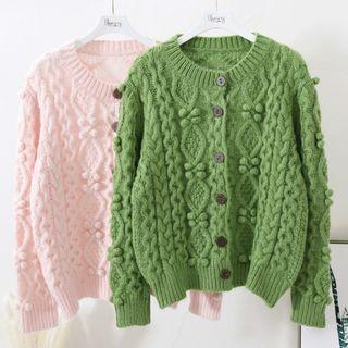 Plain Pom Pom Cable Knit Cardigan