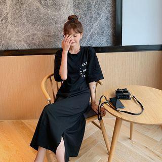 Short-sleeve Lettering Open-back Midi A-line Dress