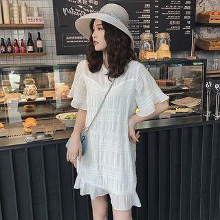 Set: Short-sleeve Shirred Chiffon Dress + Slipdress