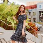 Off-shoulder Smocked-waist Floral Dress