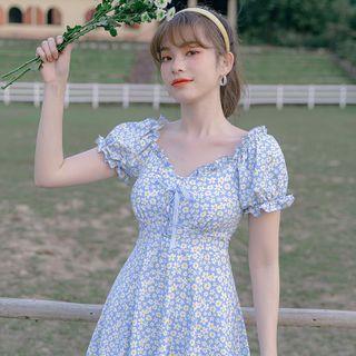 Set: Puff-sleeve Floral Print Swim Dress + Bottom