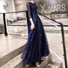 3/4-sleeve Embroidered Maxi Prom Dress