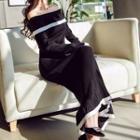 Long-sleeve Contrast Trim Midi Knit Sheath Dress Black - One Size