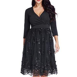 3/4-sleeve Sequined Panel A-line Dress
