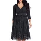 3/4-sleeve Sequined Panel A-line Dress