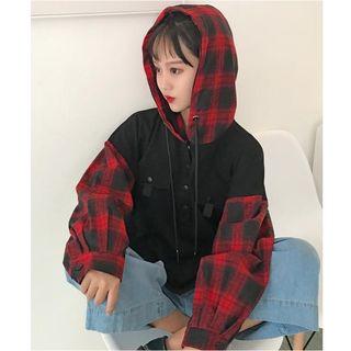 Plaid Panel Half Button Hoodie