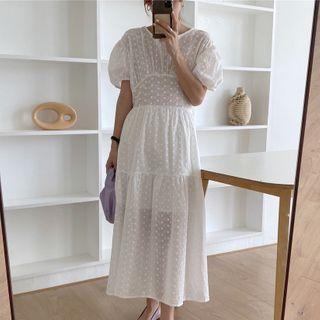 Puff-sleeve Tiered Maxi A-line Dress