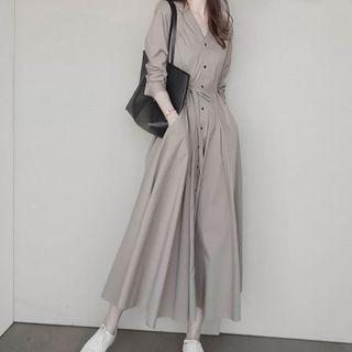 Long Sleeve V-neck Maxi Shirtdress
