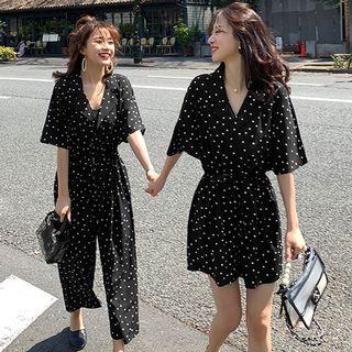 Elbow-sleeve Polka Dot Playsuit / Cropped Jumpsuit
