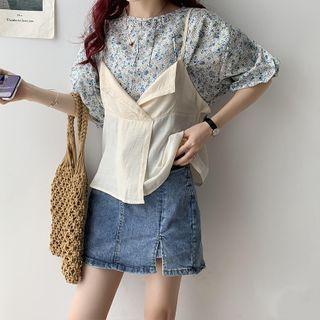 Puff-sleeve Floral Print Blouse / Spaghetti Strap Top