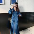 Bell-sleeve Midi Mermaid Dress Blue - One Size