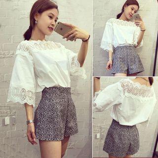 Set: Lace Panel Elbow-sleeve Top + Wide Leg Shorts