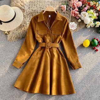 Belted V-neck Corduroy Long-sleeve Shirtdress