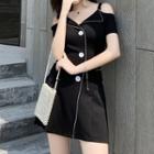 Set: Short-sleeve Cold Shoulder Buttoned A-line Mini Dress + Shorts