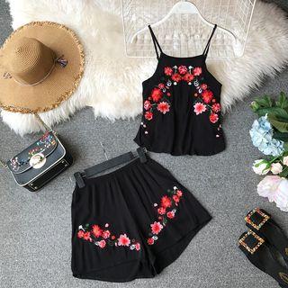Set: Floral Embroidery Spaghetti Strap Top + Shorts