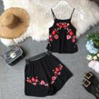 Set: Floral Embroidery Spaghetti Strap Top + Shorts