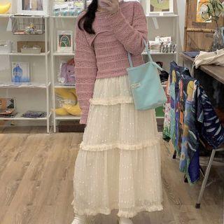 Set: Long-sleeve Lace Cropped Knit Top + Camisole / Lace Layer Maxi Skirt (various Designs)