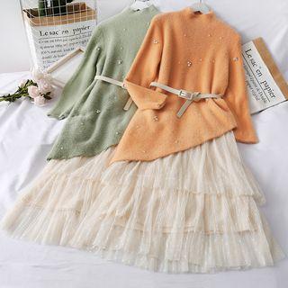 Set: Faux-pearl Asymmetric Knit Top + Layered A-line Skirt