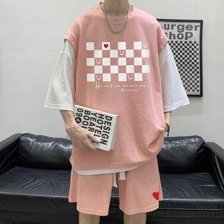 Set: Elbow-sleeve Mock Two-piece Smiley Face Print T-shirt + Shorts