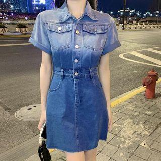 Short-sleeve Ombre Denim Shirtdress