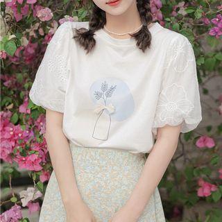 Jacquard Puff-sleeve Plant Print Top