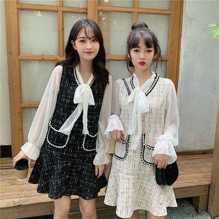 Chiffon Lace-up Blouse / Sleeveless V-neck Tweed Dress