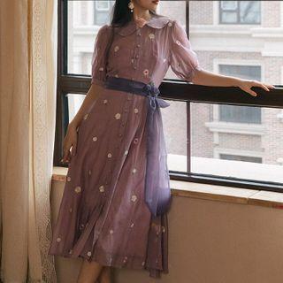 Short-sleeve Daisy Embroidered Midi Dress