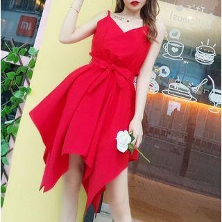 Spaghetti-strap Asymmetrical A-line Dress With Sash