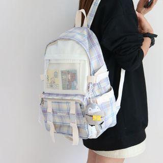 Mesh Pocket Plaid Panel Backpack