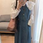 Peter-pan Collar Plain Blouse / Denim A-line Dress