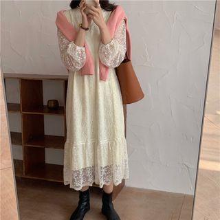 Long-sleeve Frill Trim Crochet Dress Almond - One Size