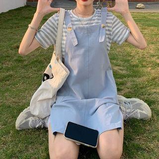 Short-sleeve Striped T-shirt / Plain Mini Overall Dress