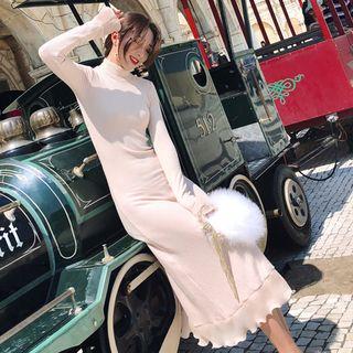 Mock Neck Long-sleeve Ruffle Midi Dress