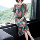 Short-sleeve Floral Print Satin Midi A-line Dress