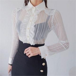 Frill-trim Metallic-button Sheer Shirt