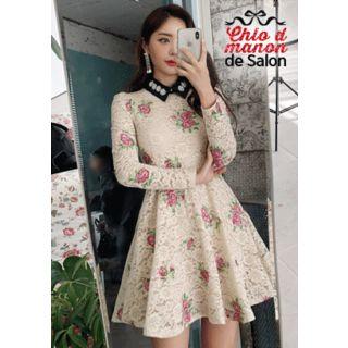 Detachable-collar Floral Lace Flare Dress