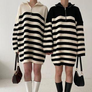 Half-zip Striped Knit Mini Shift Dress