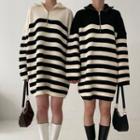 Half-zip Striped Knit Mini Shift Dress