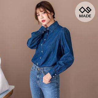 Balloon-sleeve Washed Denim Shirt