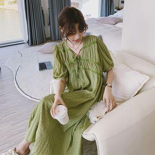 Puff-sleeve Bow Detail Midi Smock Dress