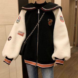 Sailor Collar Two-tone Fleece Jacket Black - One Size