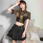 Set: Plaid Crop Shirt + Lace-up Tube Top